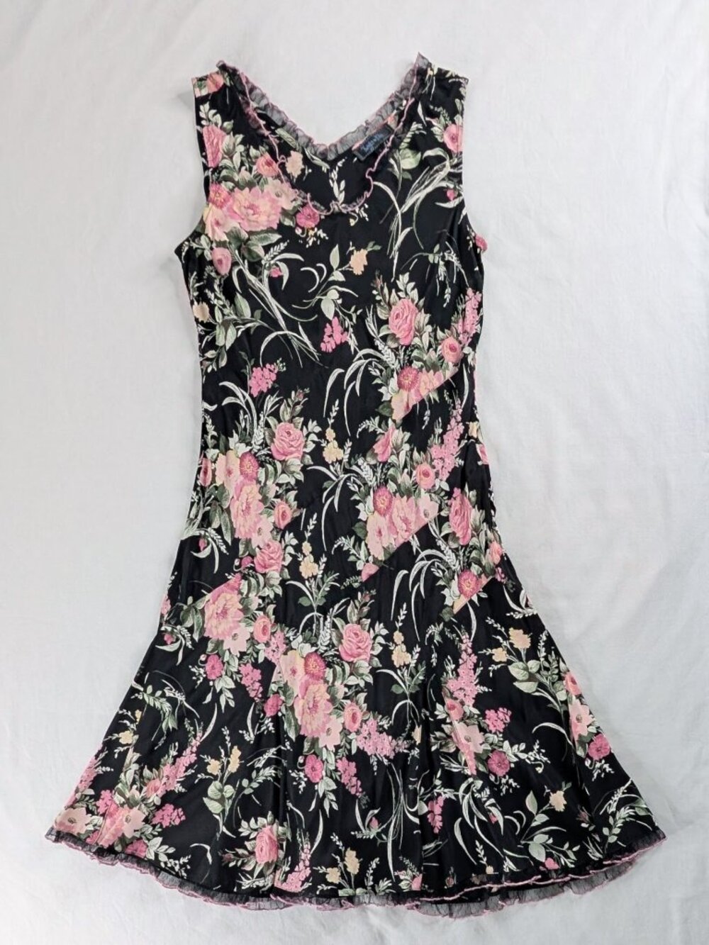 Y2k Black Pink Floral Sleeveless Multi Seam Tulle Hem V Neck Flowy Dress